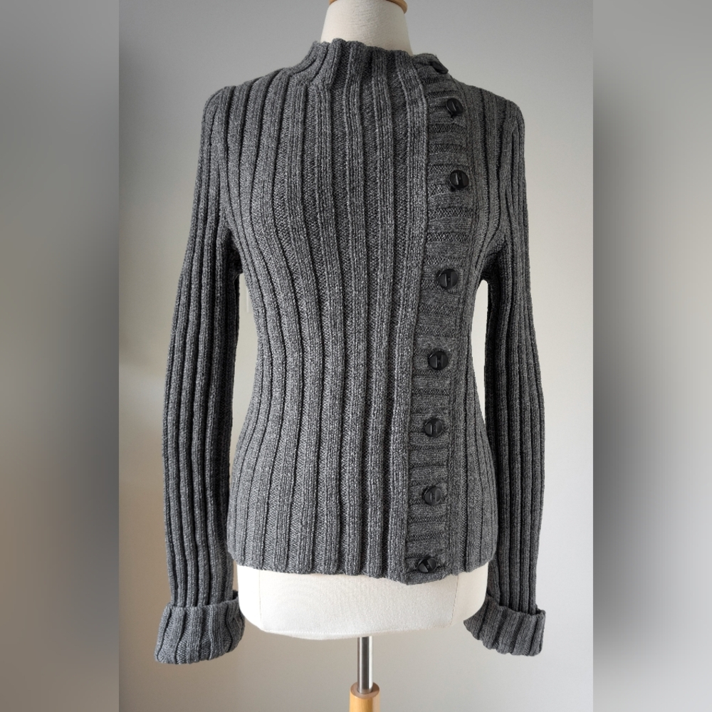 HAND-KNITTED One-of-a-kind sweater Phildar 456 LARGE charcoal gray ribbed